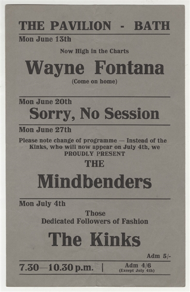 The Kinks Original Bath Pavilion Concert Handbill