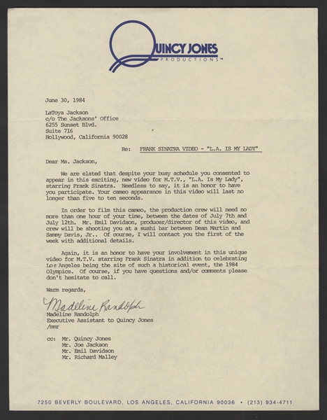 Quincy Jones Original Letter to LaToya Jackson Regarding Appearance in Frank Sintra Video
