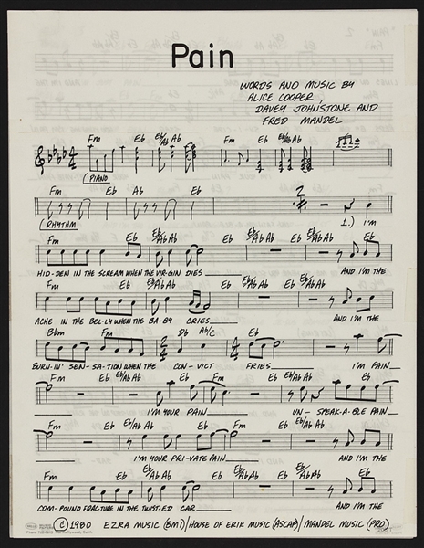 Alice Cooper Handwritten Lyrics and Musical Score for "Pain"