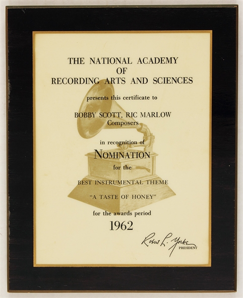 "A Taste of Honey" Original 1962 Grammy Nomination Plaque For Best Instrumental Theme Presented to Composers Bobby Scott and Ric Marlow