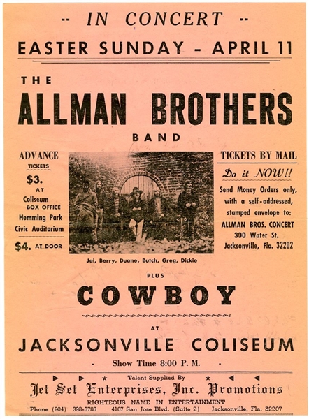 Allman Brothers Band Original 1971 Concert Hand Bill