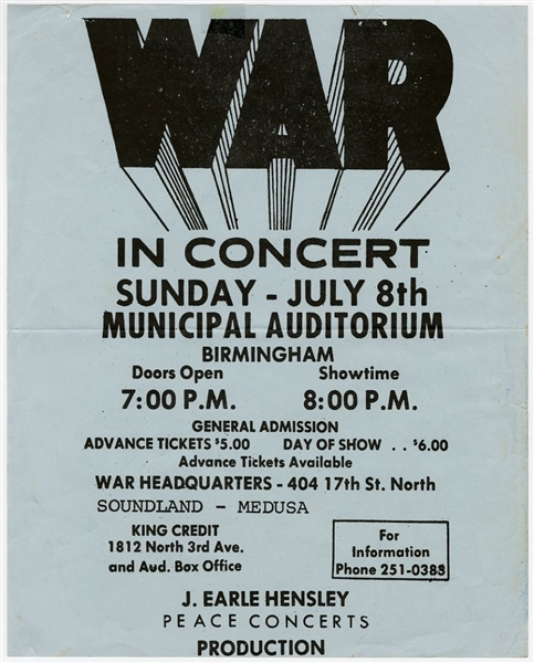 Original Concert Handbills and Poster Featuring: War, Ozark Mountain Devils/ Emmylou Harris/Joe Cocker/Styx and Black Oak Arkansas