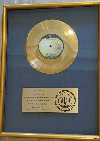 Beatles "I Want To Hold Your Hand" Original RIAA Gold Single Record Award Presented to The Beatles