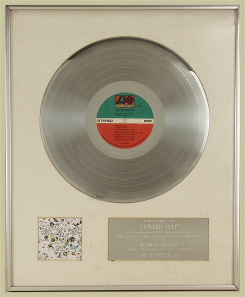 Led Zeppelin "Led Zeppelin III" Original White Matte Platinum Album Award Presented to Tour Manager Richard Cole