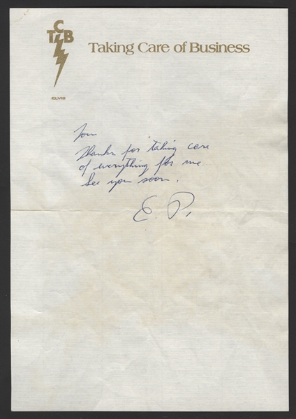 Elvis Presley Handwritten and Initialed Note to Tom Hulett
