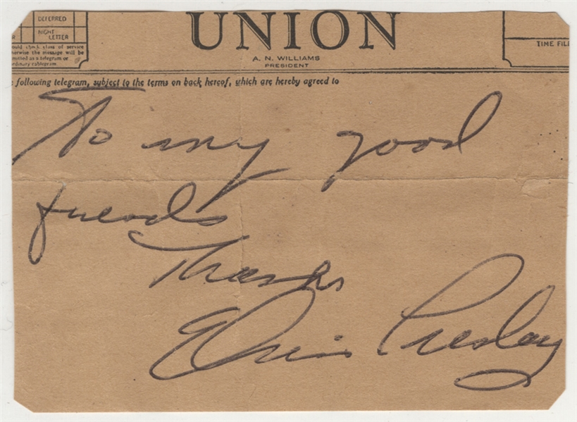Elvis Presley Signed & Inscribed Western Union Telegram