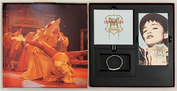 Madonnas Owned and Worn Black Knit "M" Hat and Personally Owned "Royal Box 1990 Immaculate Collection Limited Edition Box Set 