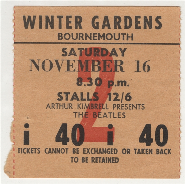 The Beatles Original 1963 Winter Gardens Bournemouth UK Concert Ticket
