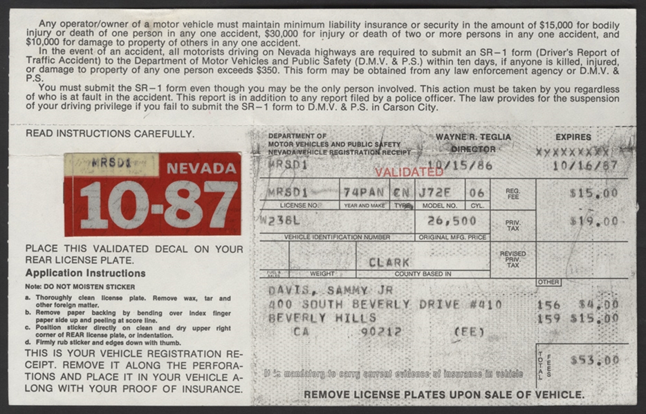 Sammy Davis, Jr.s Personal Car Registration Receipt