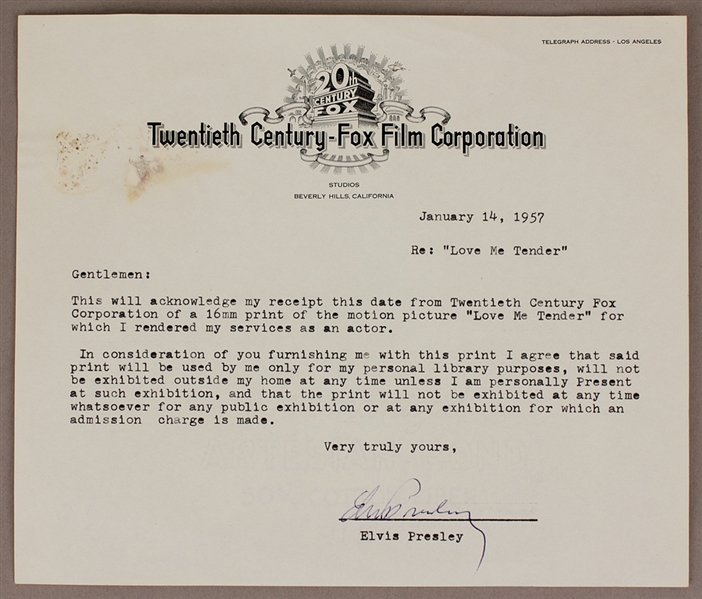 Elvis Presley Signed "Love Me Tender" Acknowledgment of Receipt on Twentieth Century Fox Letterhead