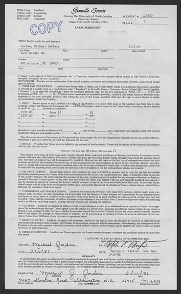 Michael Jordan Original 1981 UNC Chapel Hill College Student Apartment Lease Agreement