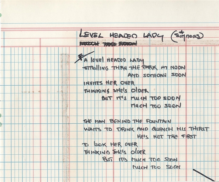 Gene Simmons Handwritten "Level Headed Lady" Lyrics