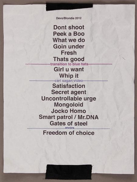 Devo Stage Used Set List from Devo/Blondie 2012 Tour