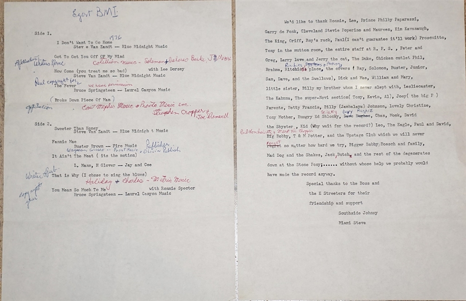 Southside Johnnys Original Typed and Hand Annotated Notes for the Bands First Album Liner Notes and Credits  
