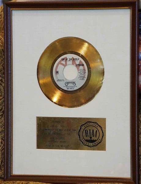 The Carpenters "Top of the World" Original RIAA White Matte Gold Single Record Award