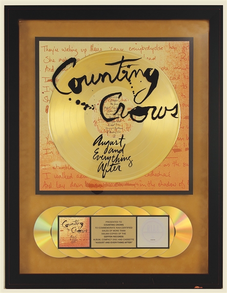 Counting Crows "August and Everything After" Original RIAA Gold Album, CD and Cassette Award