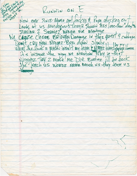 Tupac Shakur Handwritten "Runnin on E"  Lyrics