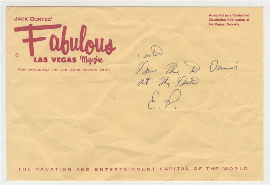 Elvis Presley Handwritten and Initialed Note to His Uncle Vester on Fabulous Las Vegas Magazine Envelope   