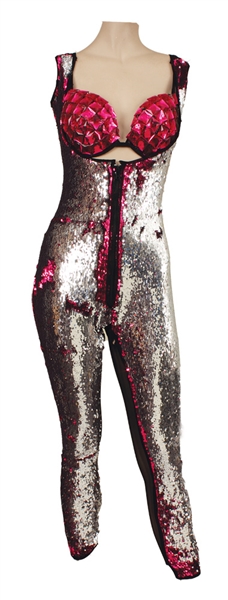 Nicki Minaj Pinkprint Tour Stage Worn Custom Made Silver Pink Metallic Jumpsuit and Embellished Pink Bra