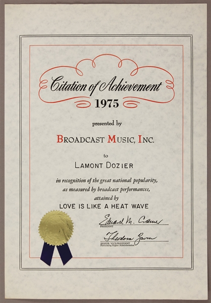 "Love Is Like A Heat Wave" Original 1975 BMI Citation of Achievement Presented to Lamont Dozier