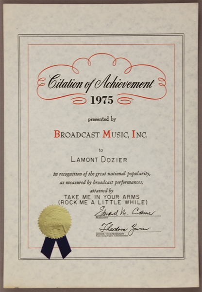 "Take Me In Your Arms (Rock Me A Little While) Original 1975 BMI Citation of Achievement Presented to Lamont Dozier