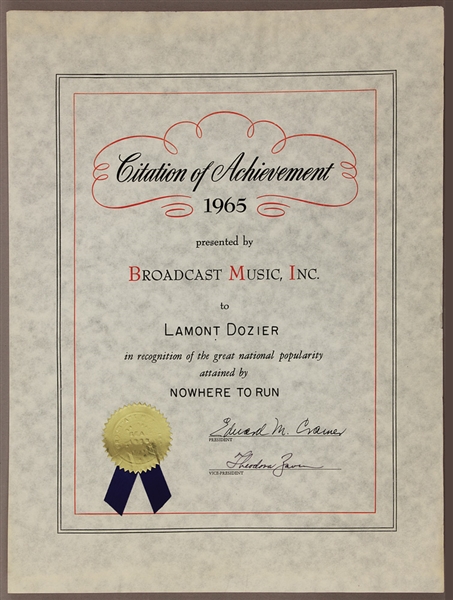 "Nowhere To Run" Original 1965 BMI Citation of Achievement Presented to Lamont Dozier