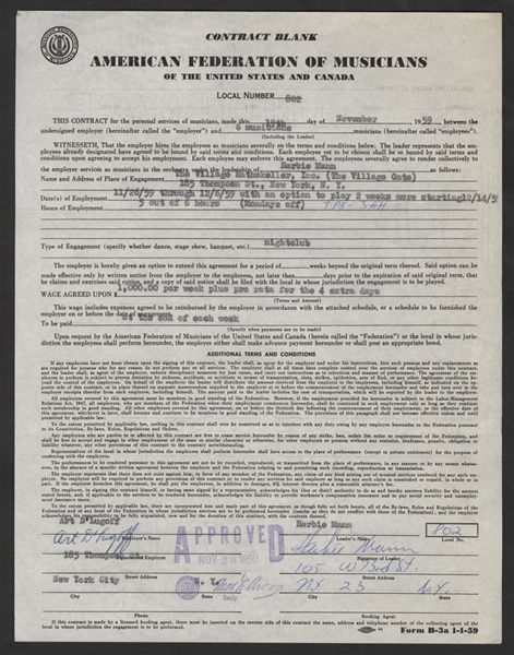 Herbie Mann Signed 1959 Original Village Gate Concert Contract
