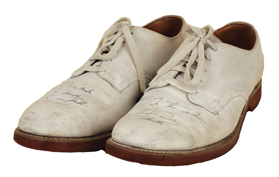 Elvis Presley Stage Worn White Bucks Twice Signed and Inscribed to Gary Pepper and the Tankers Fan Club