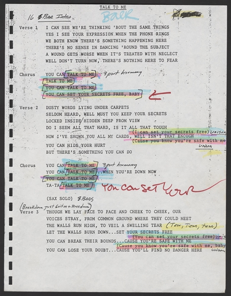 Stevie Nicks Original Hand Annotated "Talk To Me" Lyrics