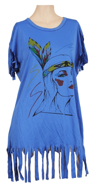 LaToya Jackson Owned and Worn Blue Fringe Top with Picture of Native American Woman