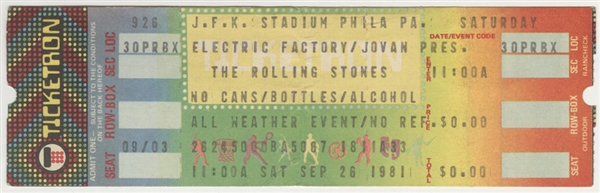 Rolling Stones Original  1981 JFK Stadium Philadelphia Full Concertl Ticket