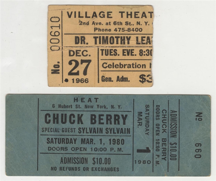 Chuck Berry Original Full 1980 Concert Ticket and Timothy Leary Original 1966 Concert Ticket Stub