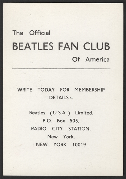 Beatles Fan Club of America Original Card