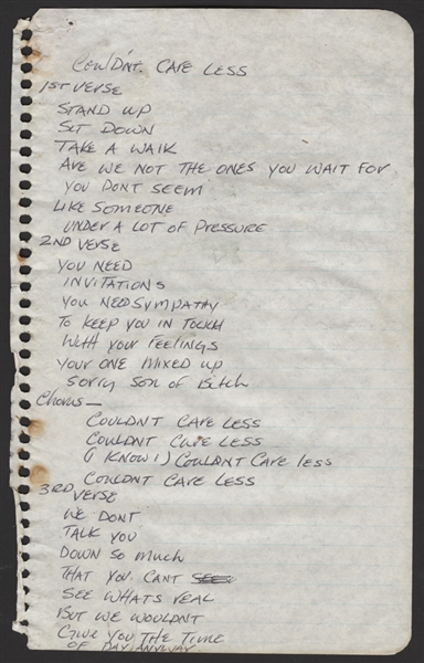 Guns N Roses Slash Handwritten Working Lyrics Titled "Couldnt Care Less"
