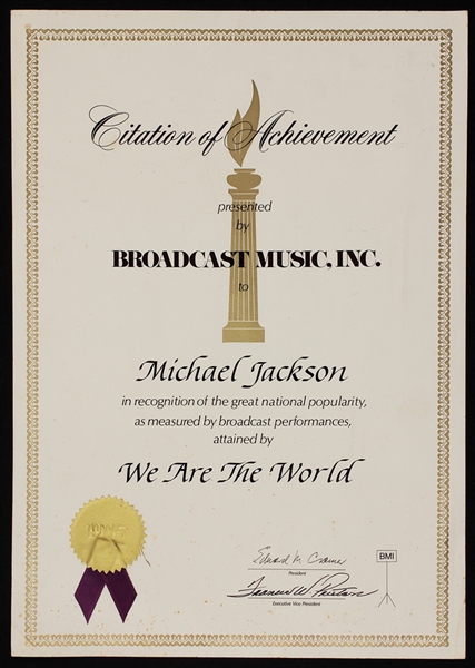 Michael Jacksons Personal Original "We Are The World" BMI Citation of Achievement