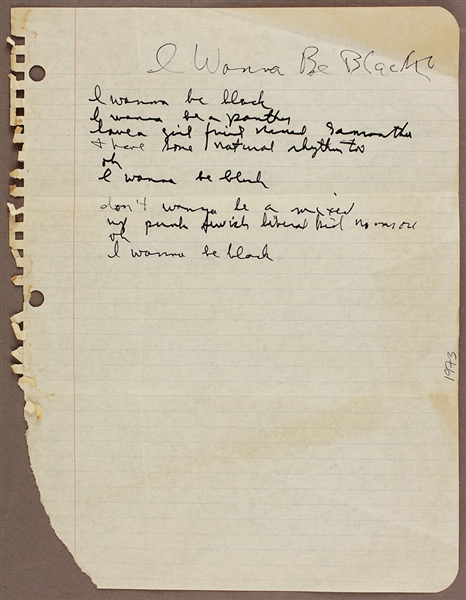 Lou Reed 1973 Handwritten "I Wanna Be Black" Working Lyrics