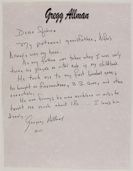Gregg Allman Rare Handwritten & Signed Letter About His Grandfather Alfred Allman Who Was His Hero 