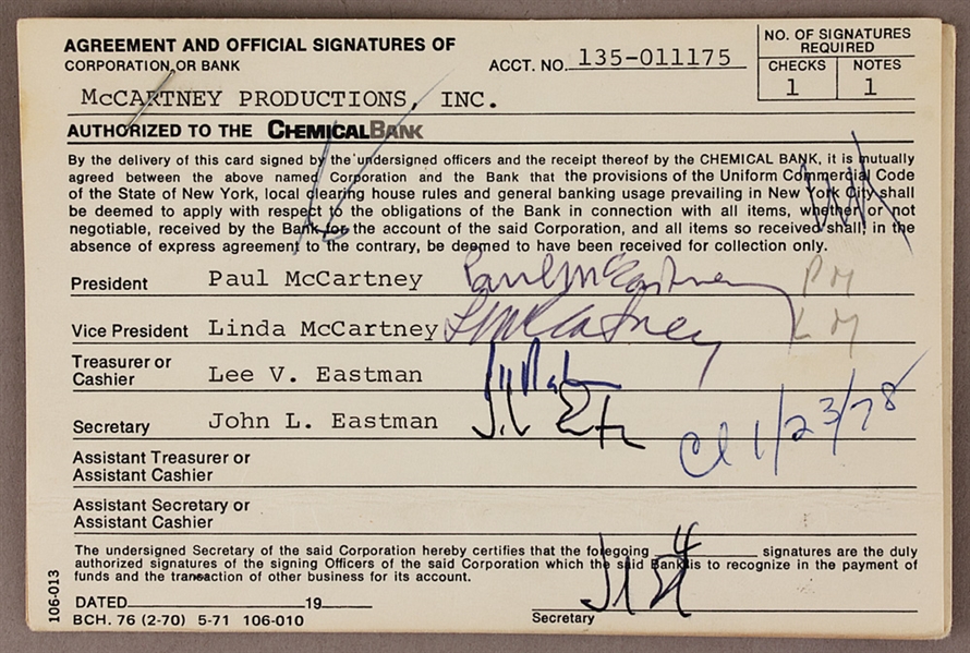 Paul and Linda McCartney Signed Bank Signature Card 