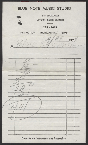 Bruce Springsteens Personal Receipt from Blue Note Music Studio