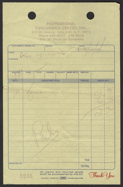 Bruce Springsteens Personal Receipt from Professional Percussion Center, Inc.