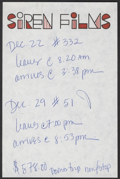 Madonna Handwritten Travel Notes On Siren Films Stationery 