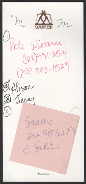 Madonna Handwritten Phone Call "To Do" List on Her Personal "Maverick" Stationery Card