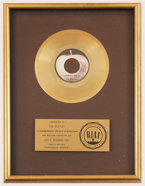 Beatles "Paperback Writer" Original RIAA Gold Single Record Award Presented to The Beatles