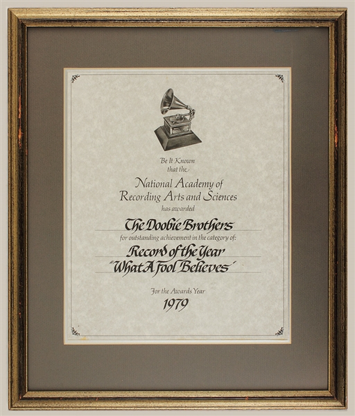 Doobie Brothers 1979 Original Record of the Year Grammy Award Plaque for "What A Fool Believes"