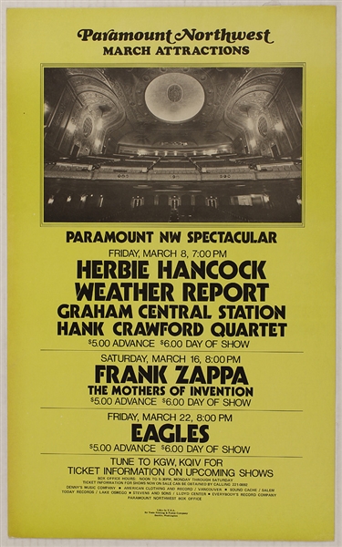 Paramount Northwest Original Concert Poster Featuring Herbie Hancock, Frank Zappa and The Eagles