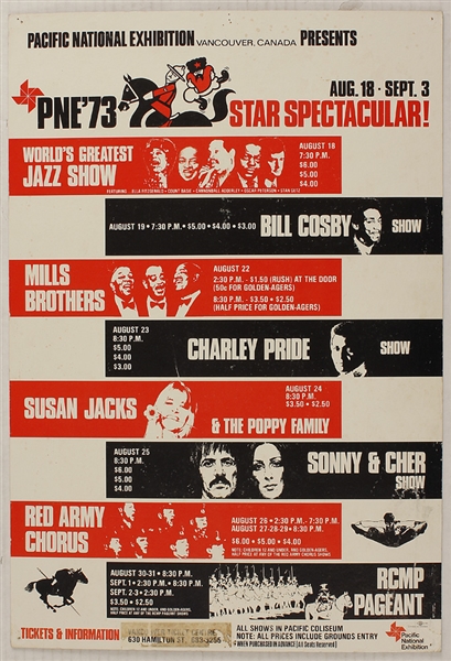 Pacific National Exhibition 73  Original Concert Poster Featuring Bill Cosby, Sonny & Cher, Ella Fitzgerald, Count Basie and More