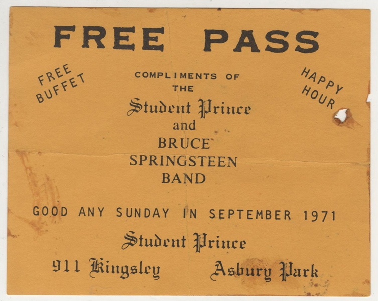 Bruce Springsteen Band 1971 Student Prince Free Pass