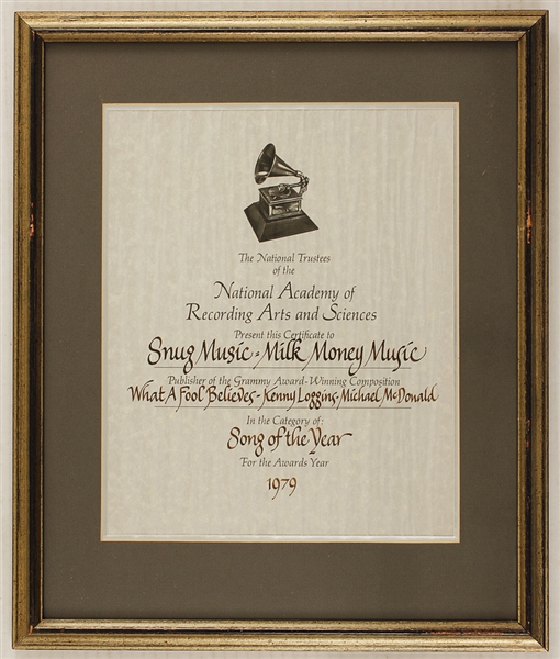 NARAS Original Doobie Brothers "What A Fool Believes" Grammy Certificate for Song of the Year