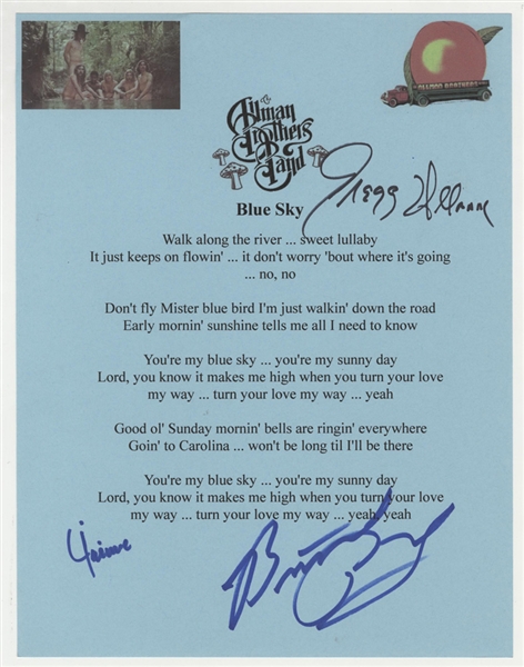 Allman Brothers Band Signed "Blue Sky" Lyrics