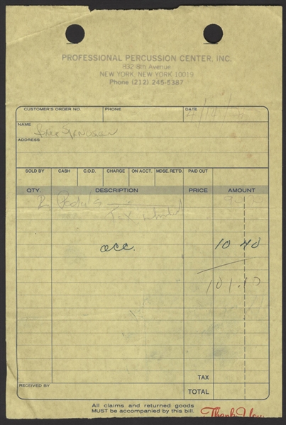 Bruce Springsteens 1971 Original Receipt from Professional Percussion Center, Inc.